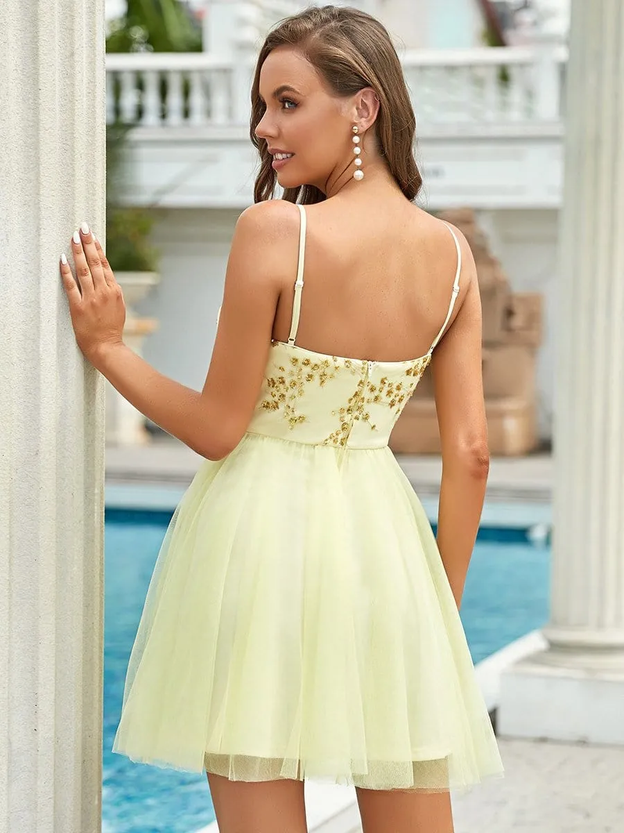 Spaghetti Straps Sweetheart Sequin Short Tulle Prom Dress