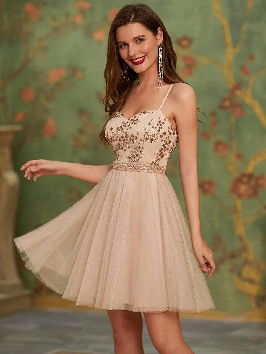 Spaghetti Straps Sweetheart Sequin Short Tulle Prom Dress