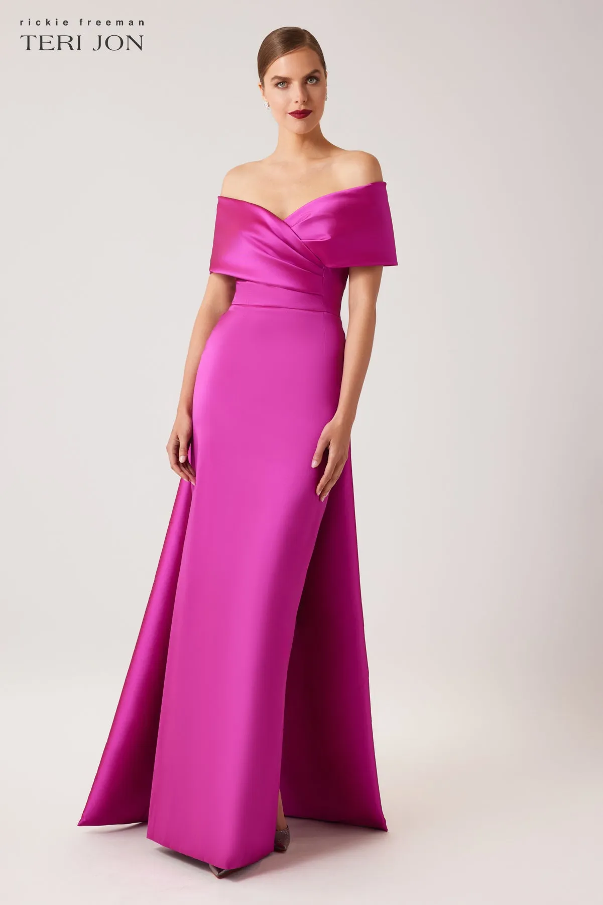 Stretch Gazar Portrait Gown With Attached Cape