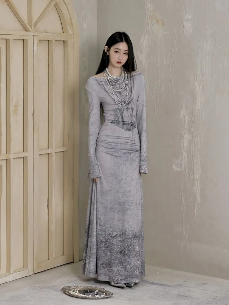 Swing Neck One Shoulder Slim Printed Dress【s0000007788】