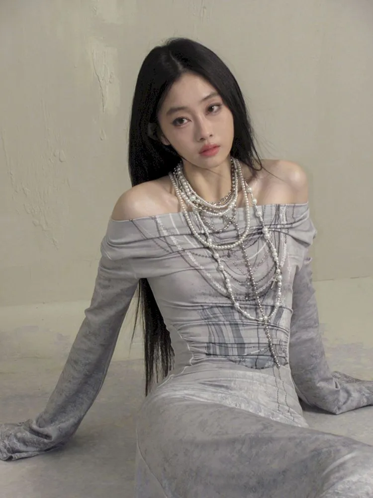 Swing Neck One Shoulder Slim Printed Dress【s0000007788】