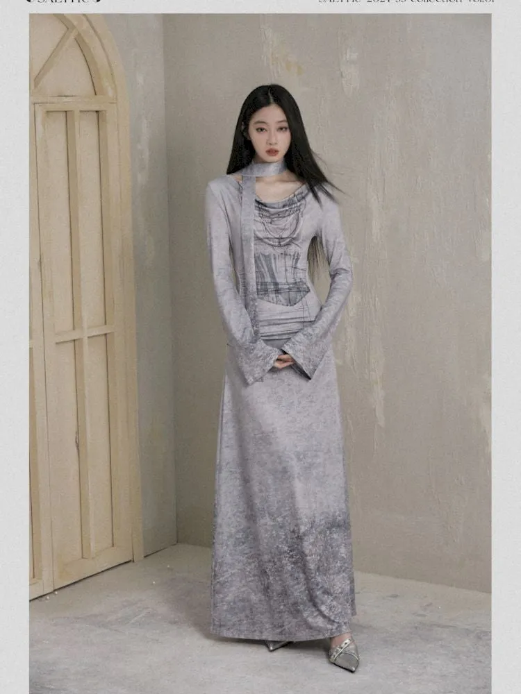 Swing Neck One Shoulder Slim Printed Dress【s0000007788】