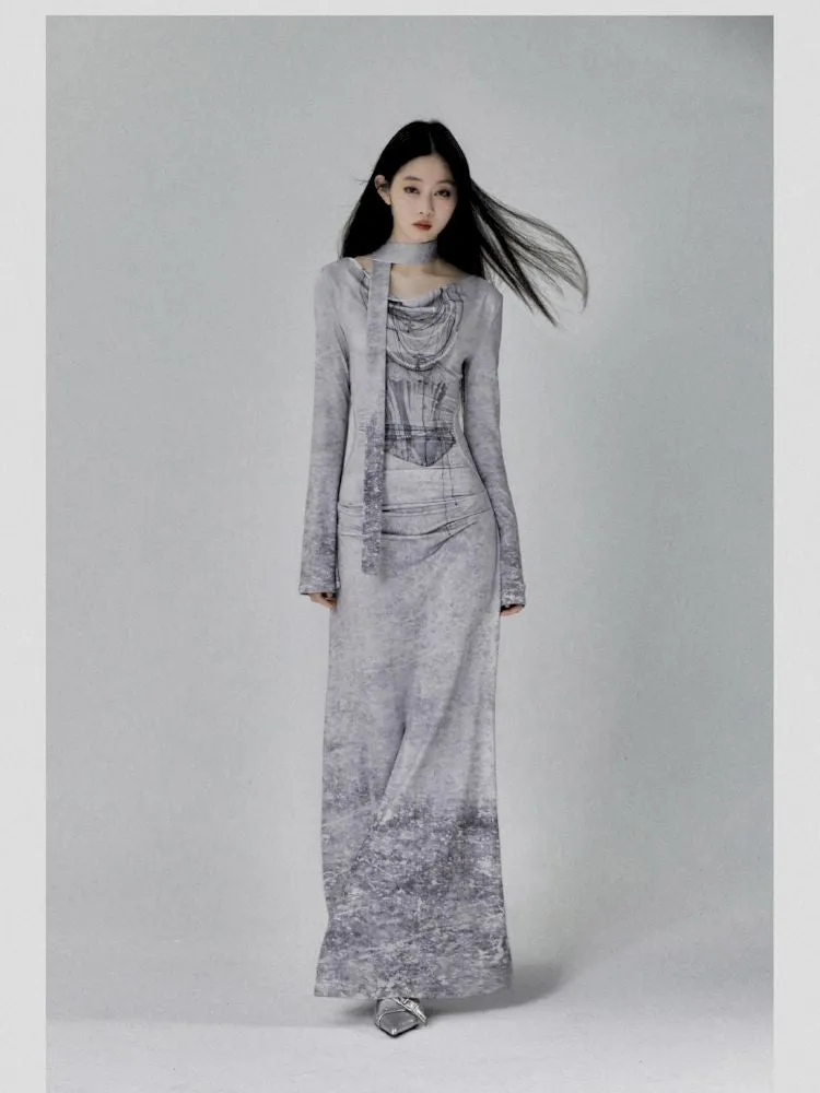 Swing Neck One Shoulder Slim Printed Dress【s0000007788】