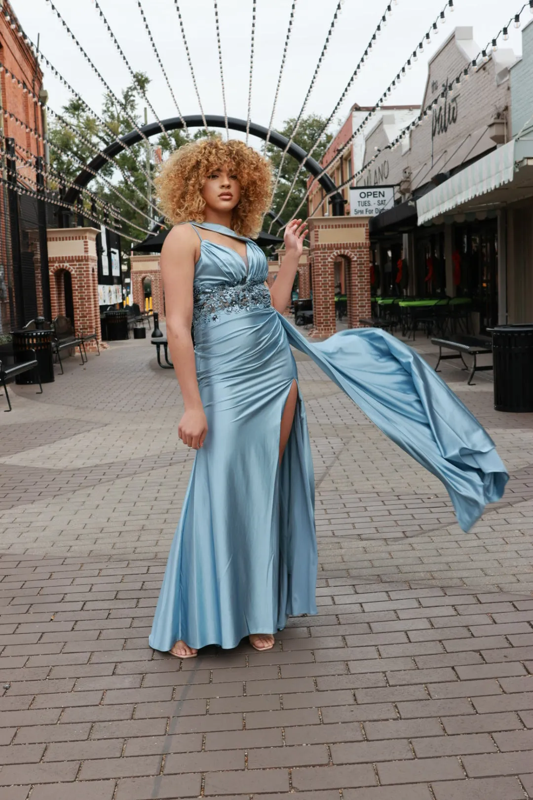 Tiffany Fitted Satin Gown With Lace Detail