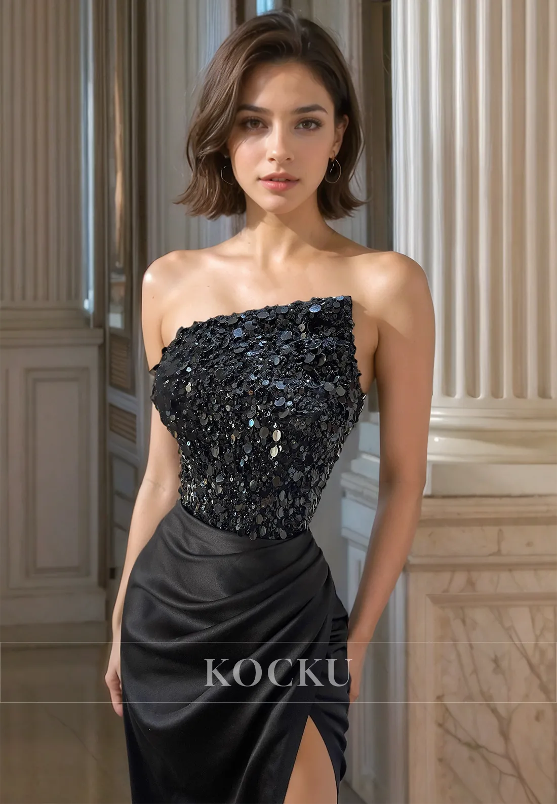 Tube Top Sleeveless Prom Dress Floor-Length Sheath Slit Pleats Satin Formal Gowns with Sequins