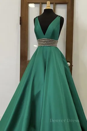 V Neck Emerald Green Satin Long Prom Dress Emerald Green Formal Graduation Evening Dress