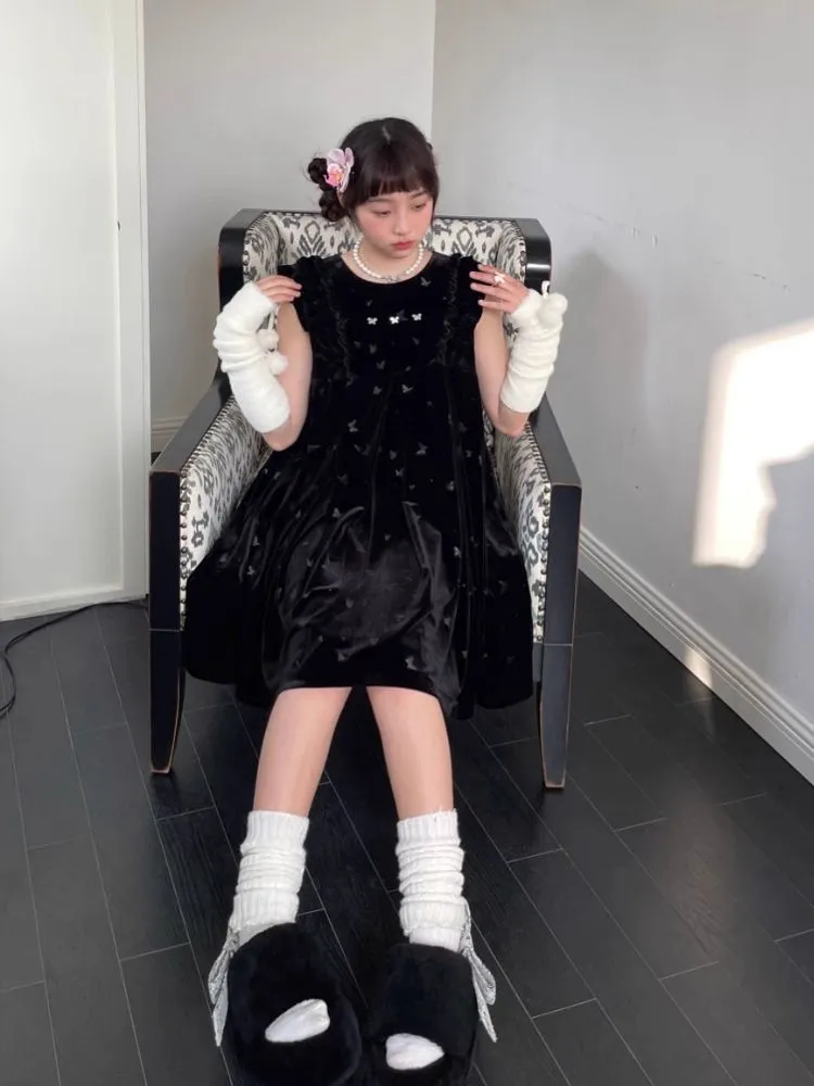 Velvet Printed Classic Black Dress【s0000007712】