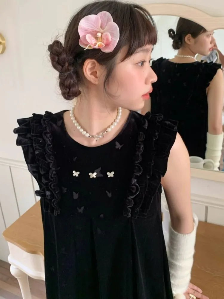 Velvet Printed Classic Black Dress【s0000007712】