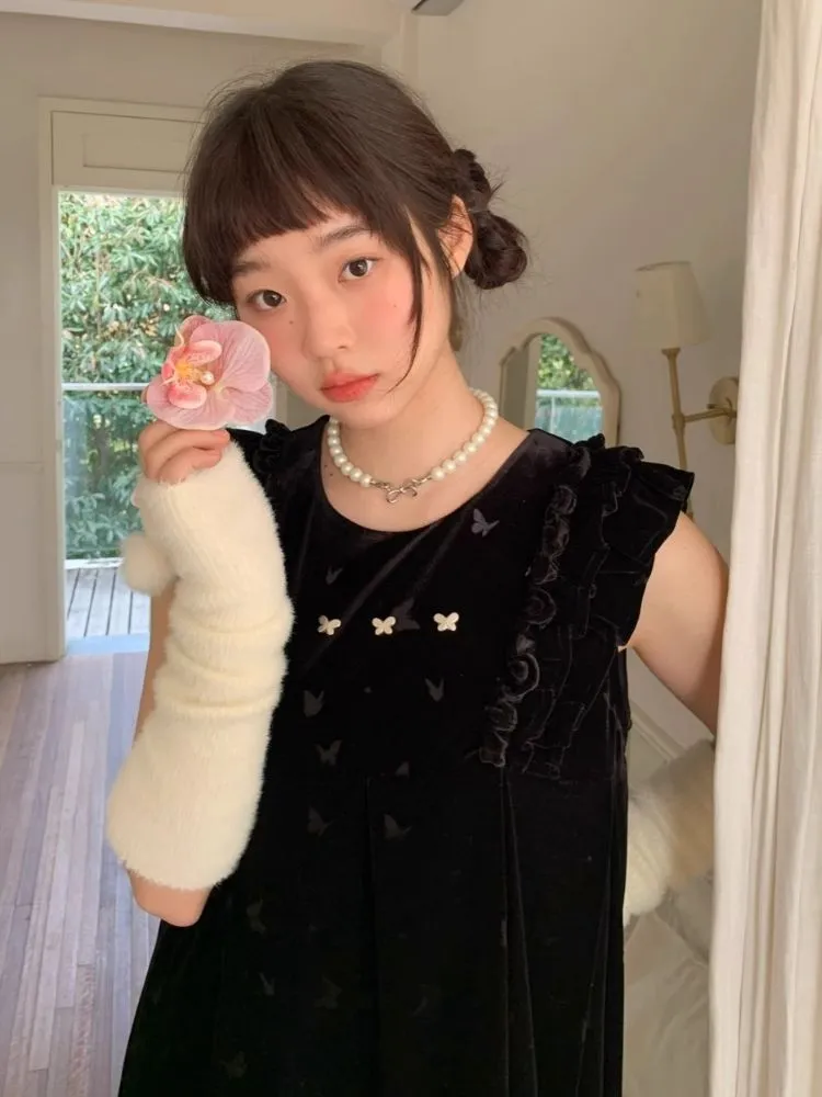Velvet Printed Classic Black Dress【s0000007712】