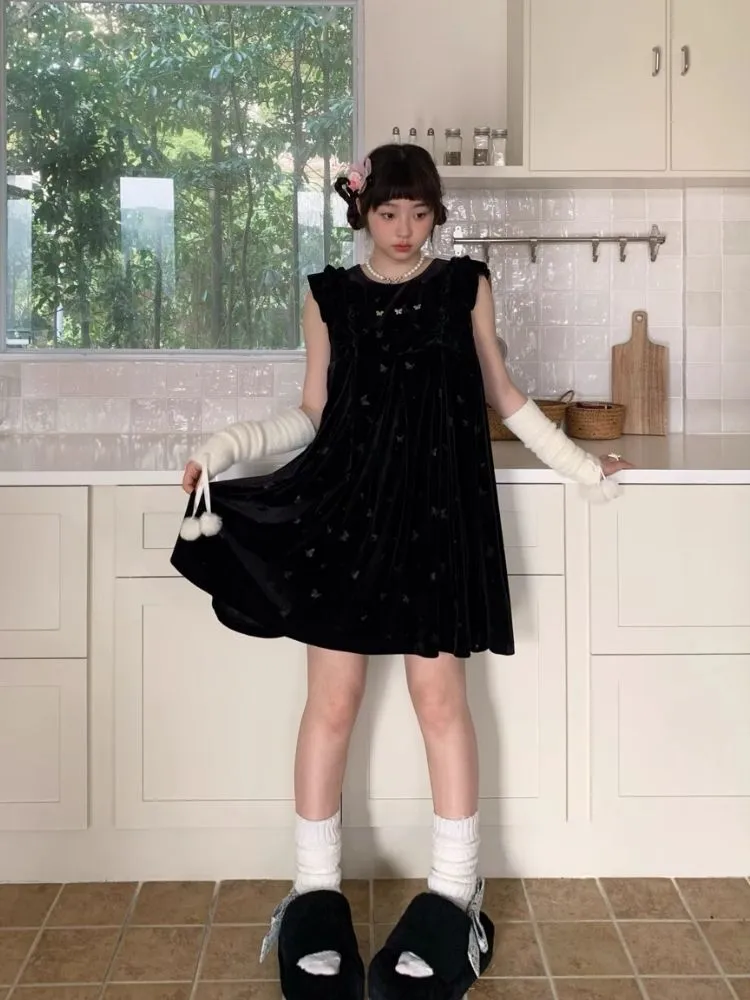 Velvet Printed Classic Black Dress【s0000007712】