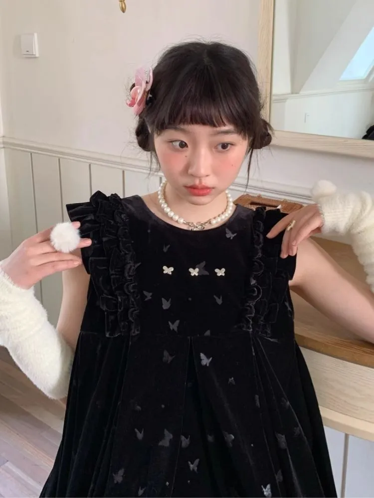 Velvet Printed Classic Black Dress【s0000007712】
