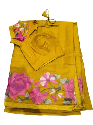 VIBRANT MUSTARD YELLOW DOLA SILK TUSAR SAREE WITH INTRICATE FLORAL EMBROIDERY