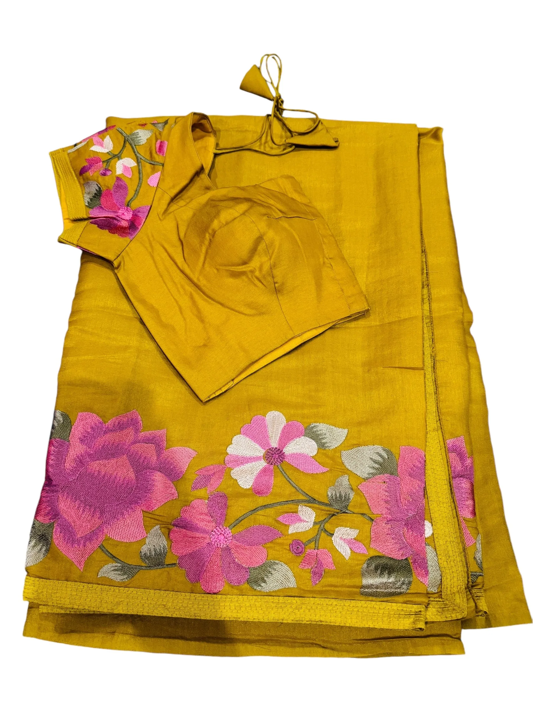 VIBRANT MUSTARD YELLOW DOLA SILK TUSAR SAREE WITH INTRICATE FLORAL EMBROIDERY