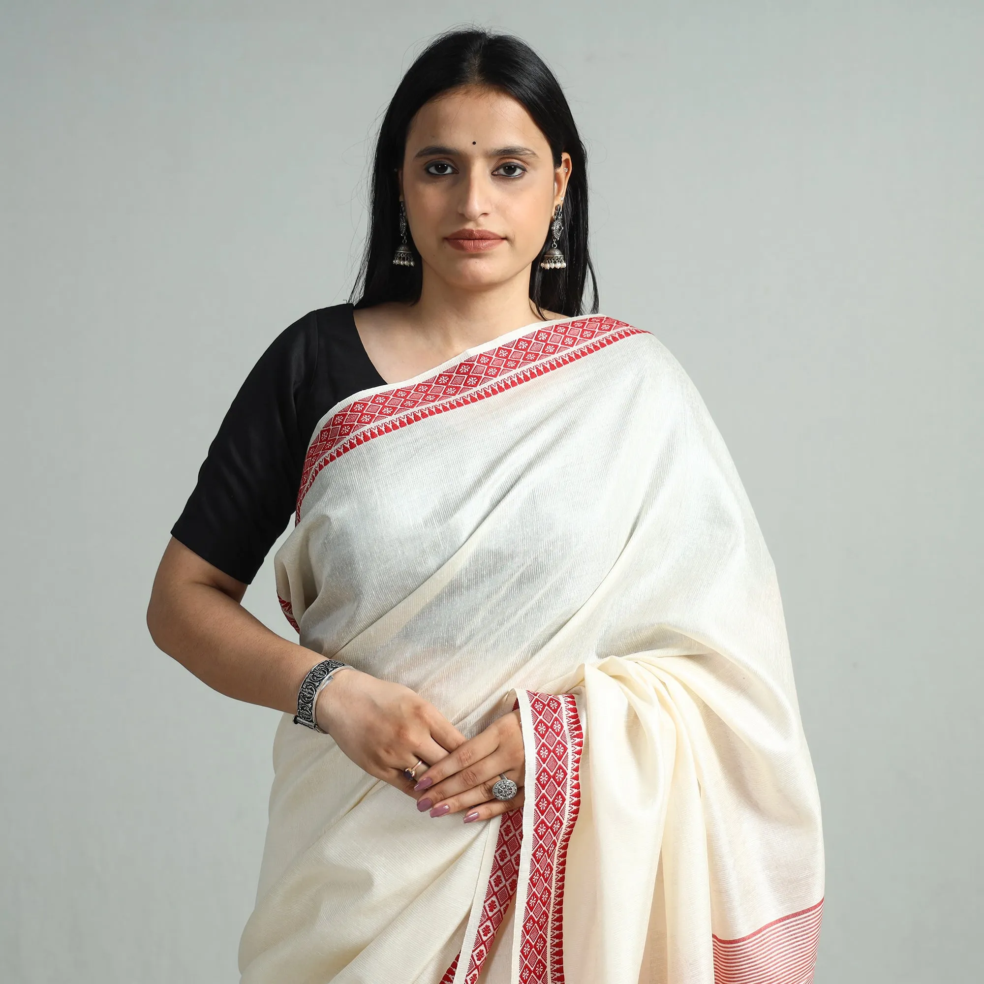 White - Traditional Vidarbha Tussar Silk Handloom Saree with Woven Border 126