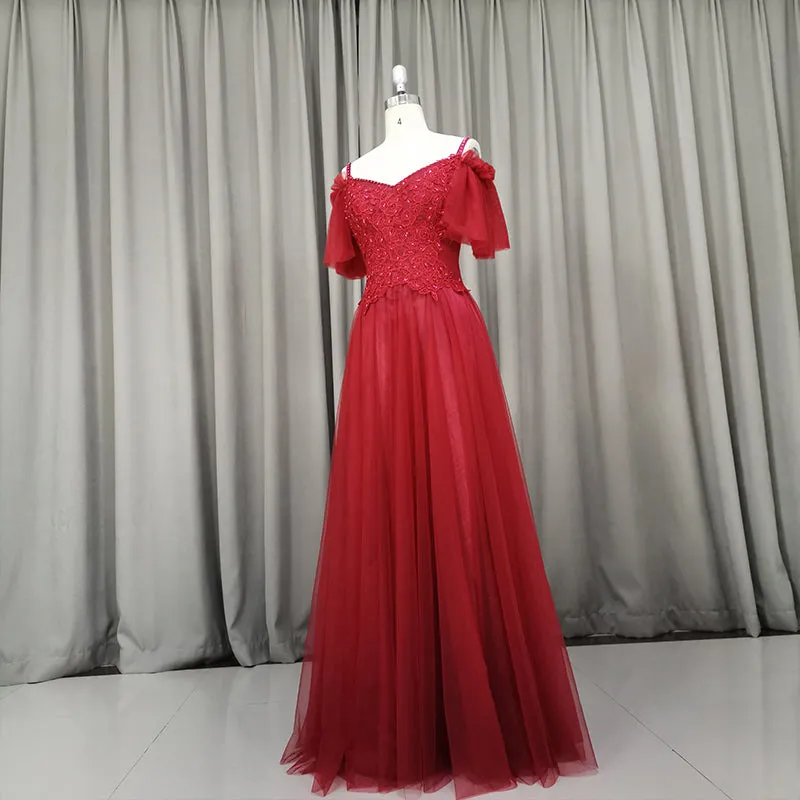 Wine Red Tulle Long Party Dress, Handmade Prom Dress