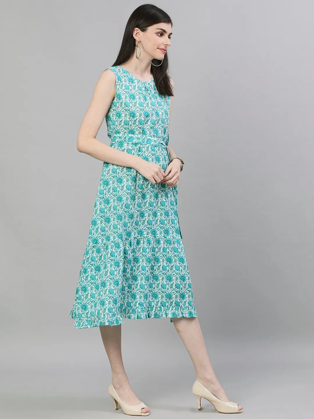 Women White Floral Printed Round Neck Cotton A-Line Dress