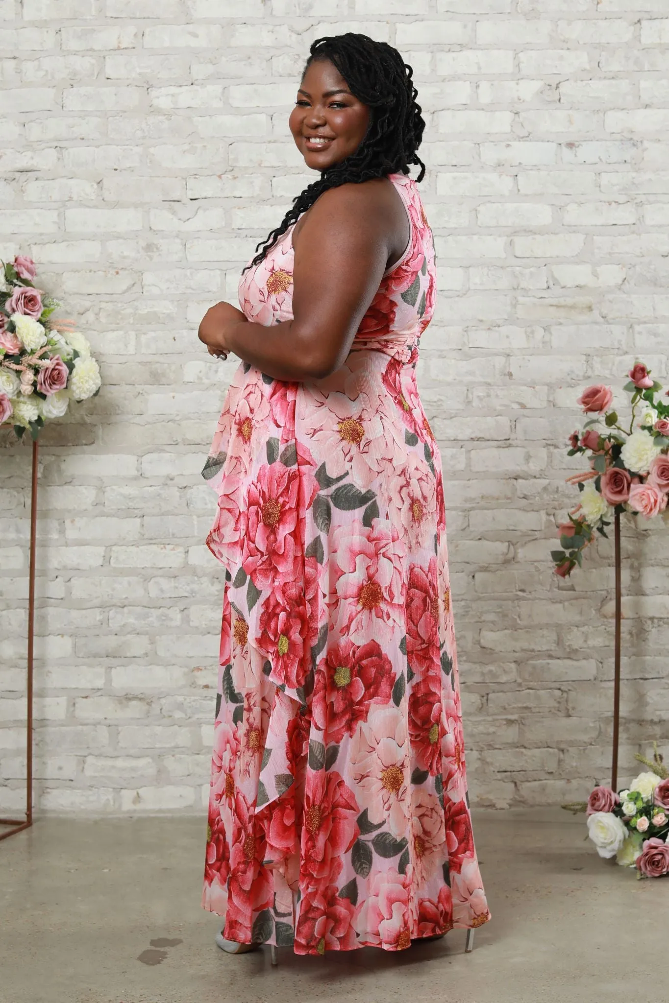 Women's Floral Print Halter Neck Long Gown