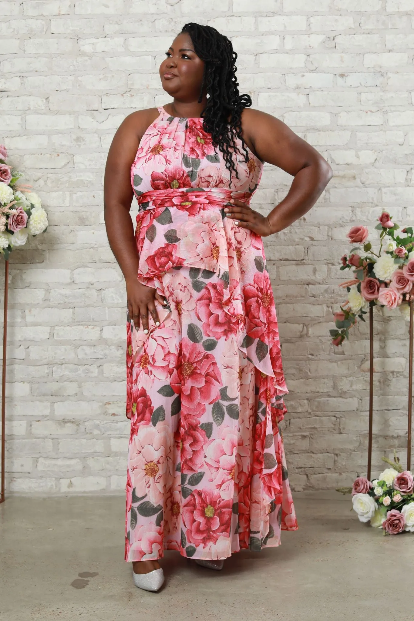 Women's Floral Print Halter Neck Long Gown