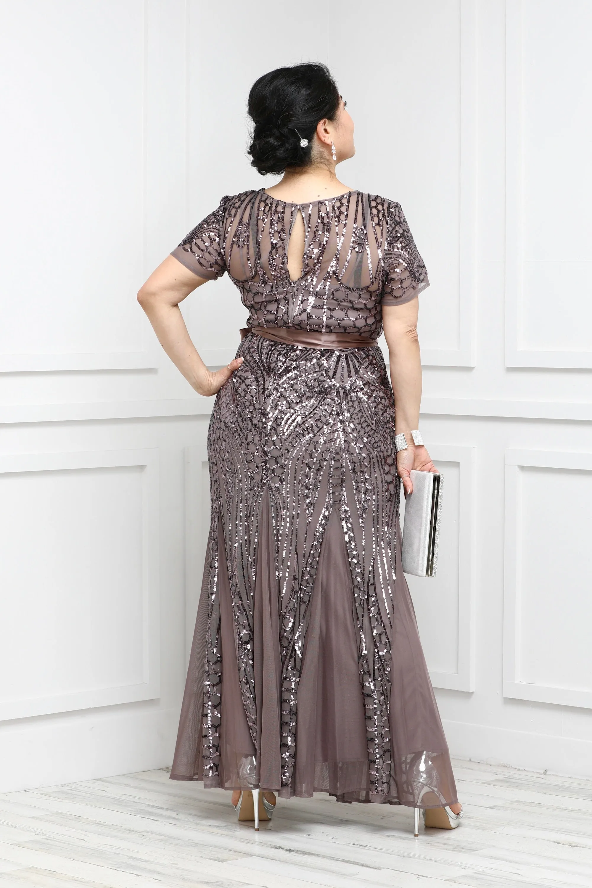 Women's One Piece Short Sleeve Embellished Sequin  Evening Gown - Missy
