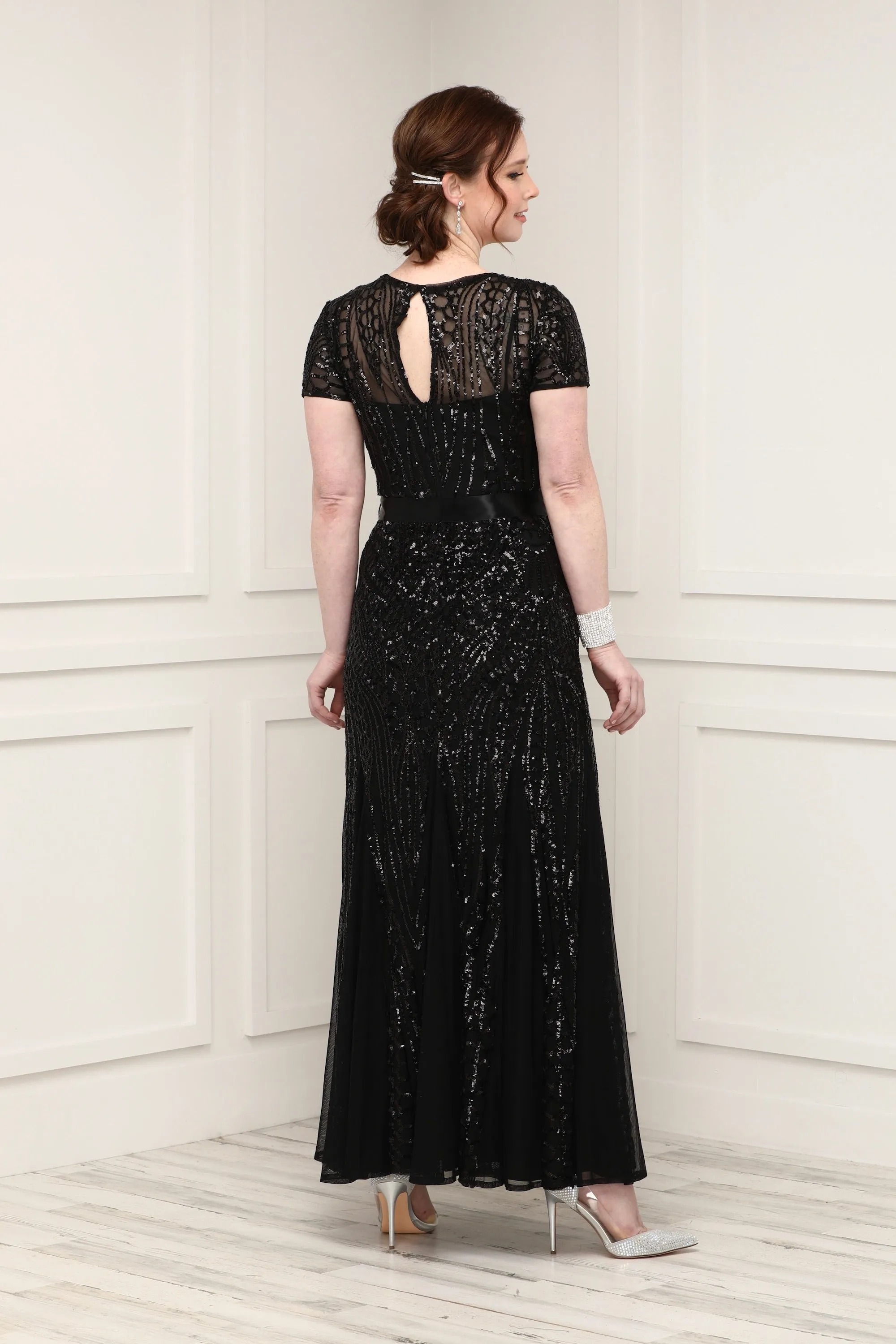 Women's One Piece Short Sleeve Embellished Sequin  Evening Gown - Missy