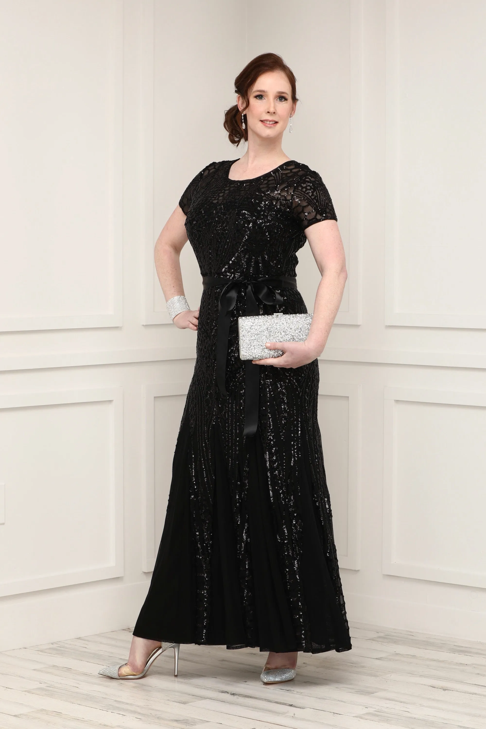 Women's One Piece Short Sleeve Embellished Sequin  Evening Gown - Missy
