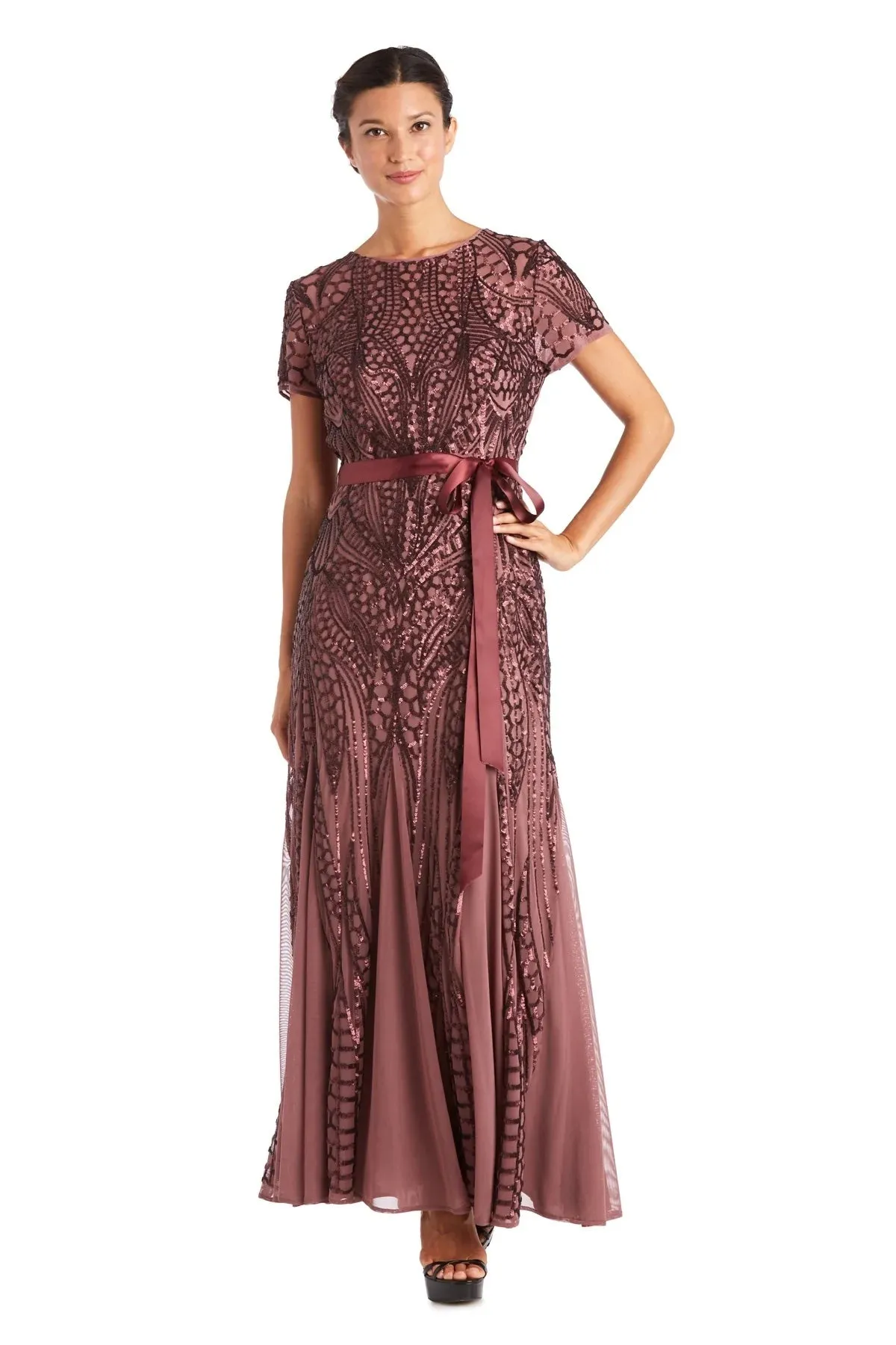 Women's One Piece Short Sleeve Embellished Sequin  Evening Gown - Missy