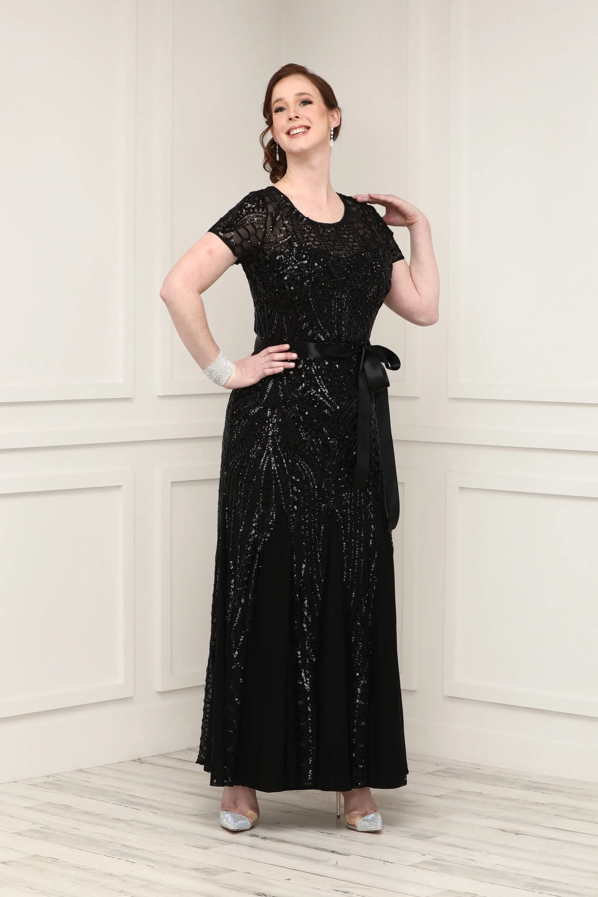 Women's One Piece Short Sleeve Embellished Sequin  Evening Gown - Missy