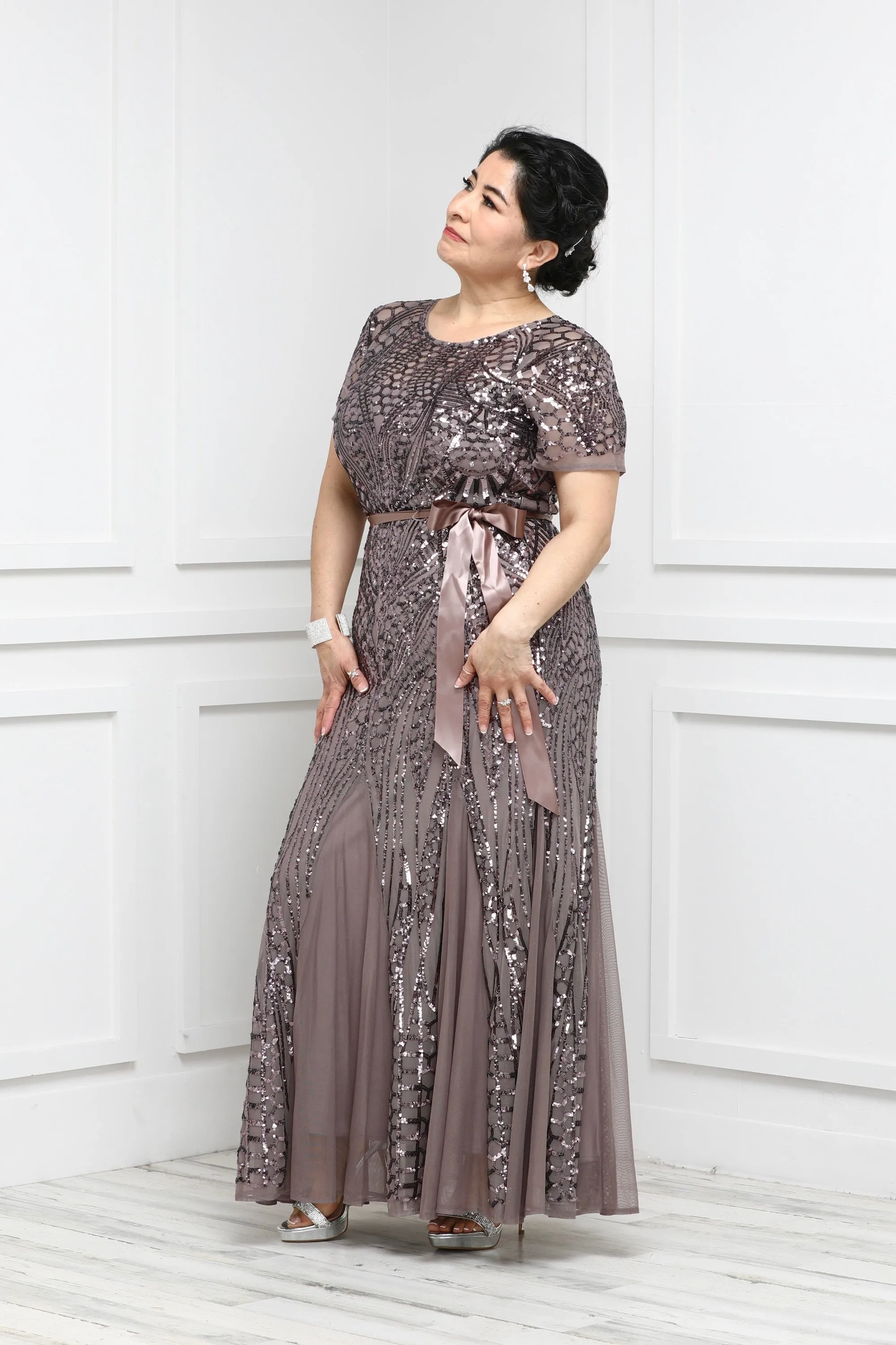 Women's One Piece Short Sleeve Embellished Sequin  Evening Gown - Missy