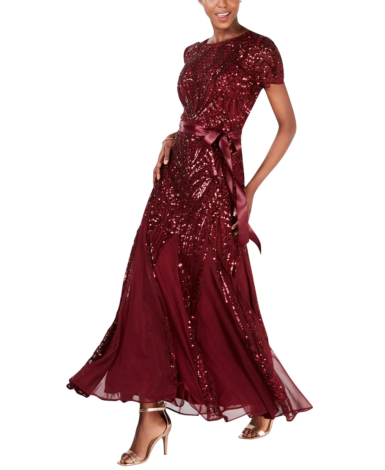 Women's One Piece Short Sleeve Embellished Sequin  Evening Gown - Missy
