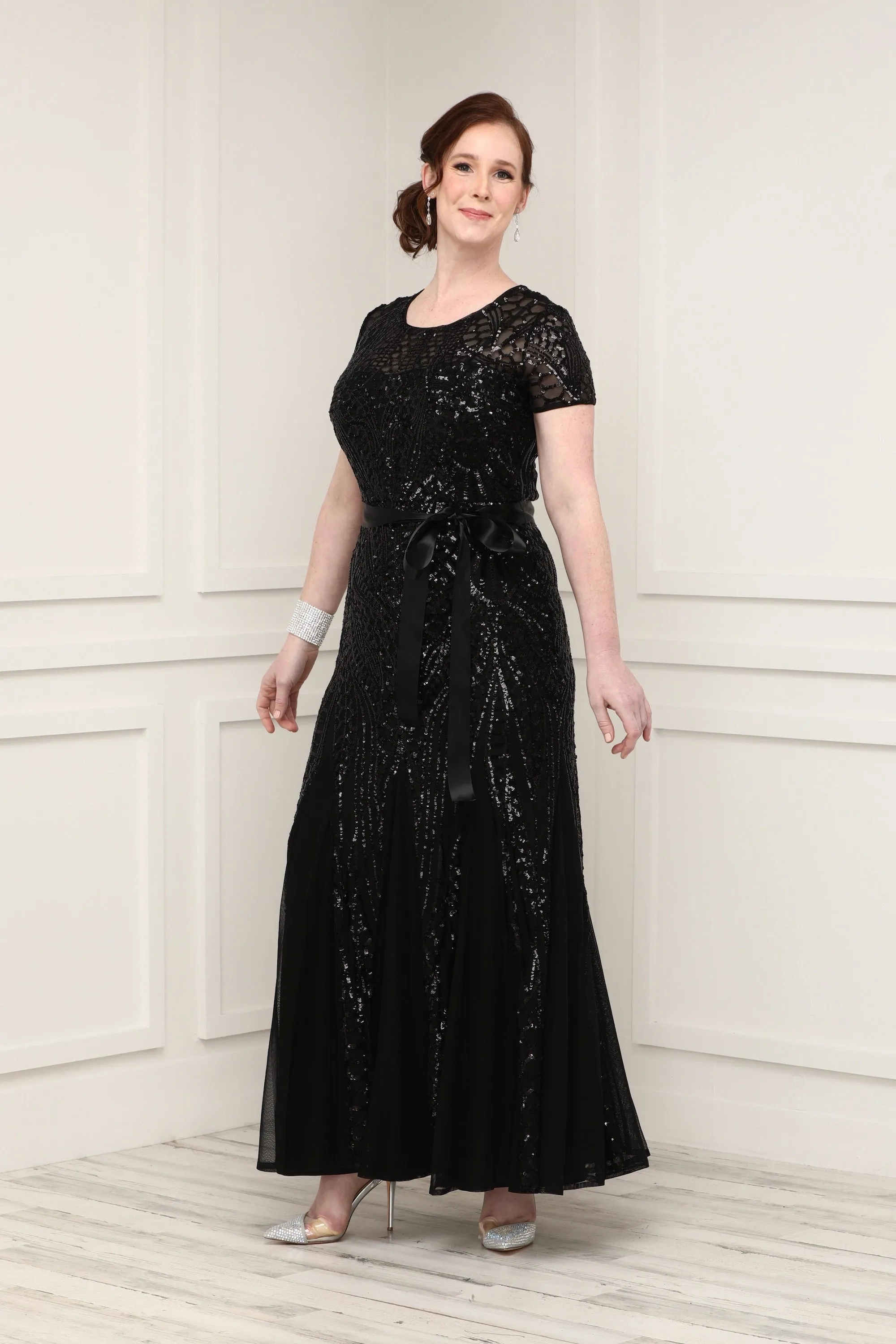 Women's One Piece Short Sleeve Embellished Sequin  Evening Gown - Missy