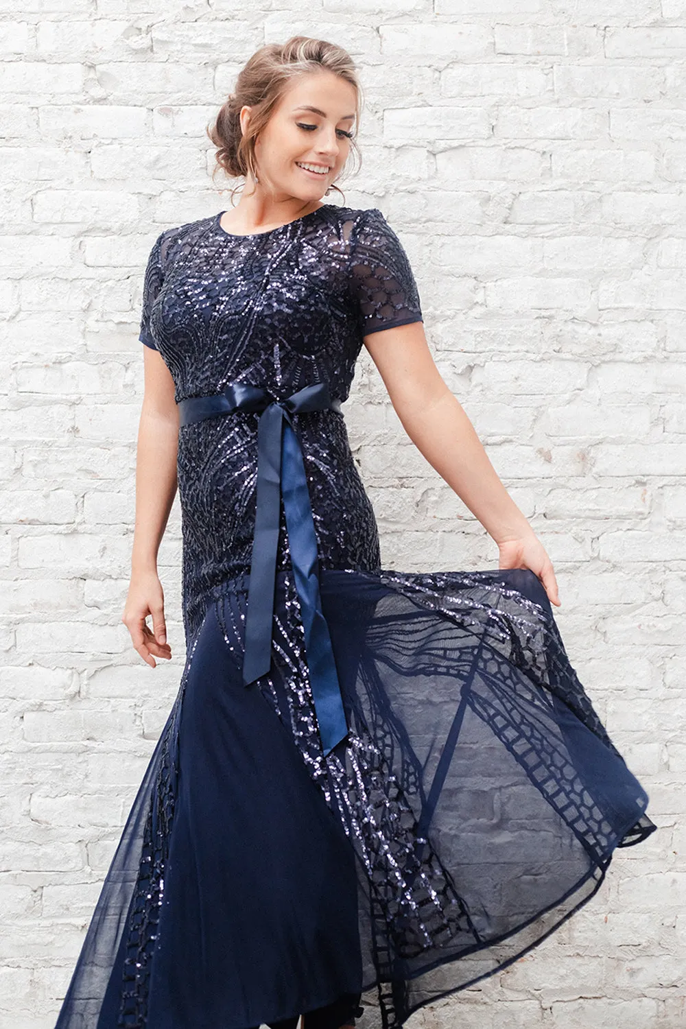 Women's One Piece Short Sleeve Embellished Sequin  Evening Gown - Missy