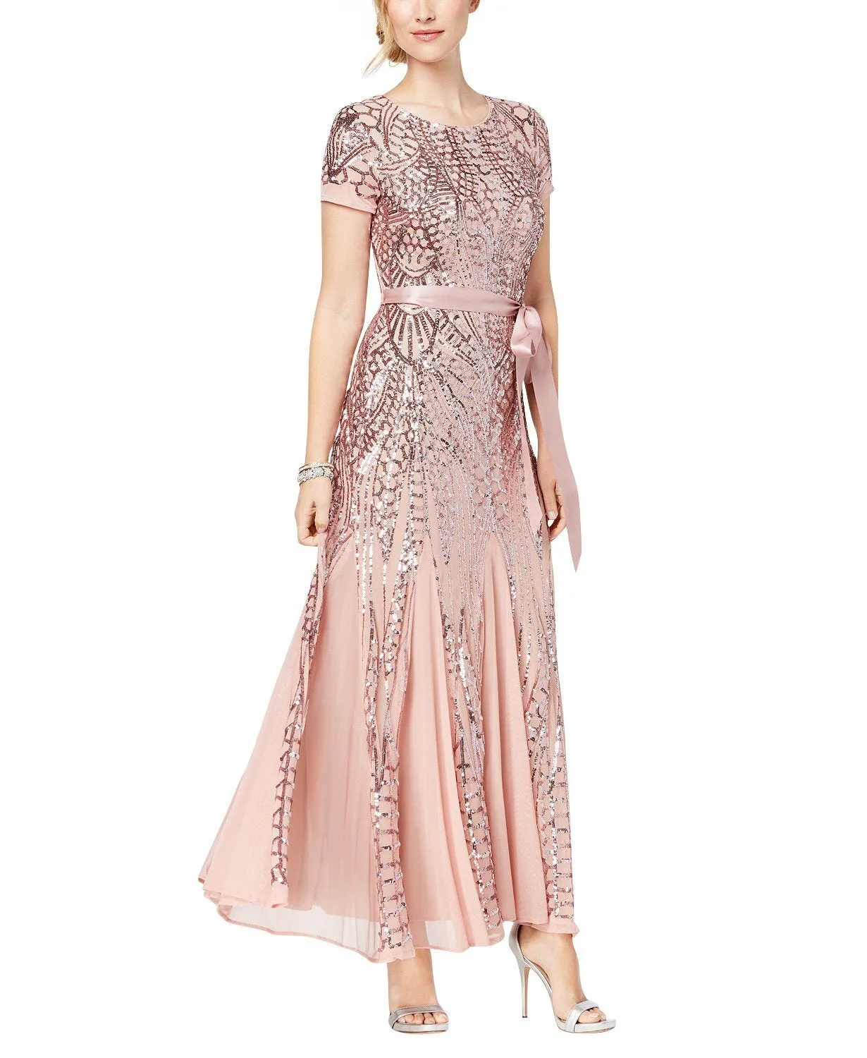 Women's One Piece Short Sleeve Embellished Sequin  Evening Gown - Missy