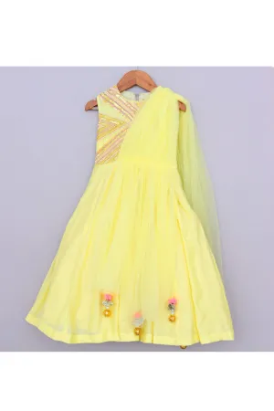 Yellow Sequins And Beads Embroidered Chanderi Gown With Attached Dupatta