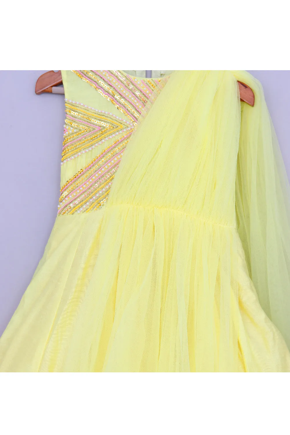 Yellow Sequins And Beads Embroidered Chanderi Gown With Attached Dupatta