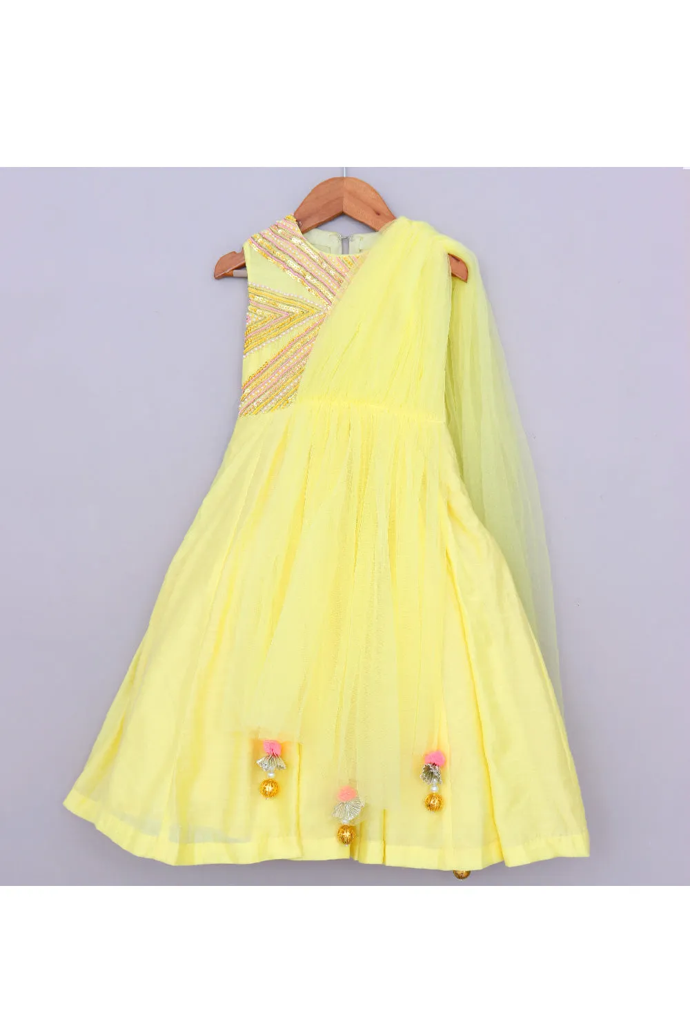 Yellow Sequins And Beads Embroidered Chanderi Gown With Attached Dupatta